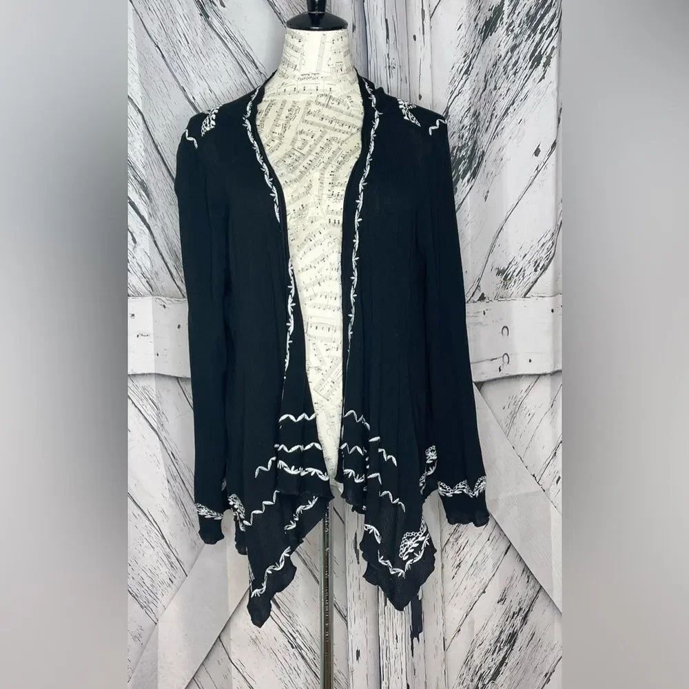 Ontwelfth Open Front Waterfall Cardigan Top Blouse Embroidered Black S
